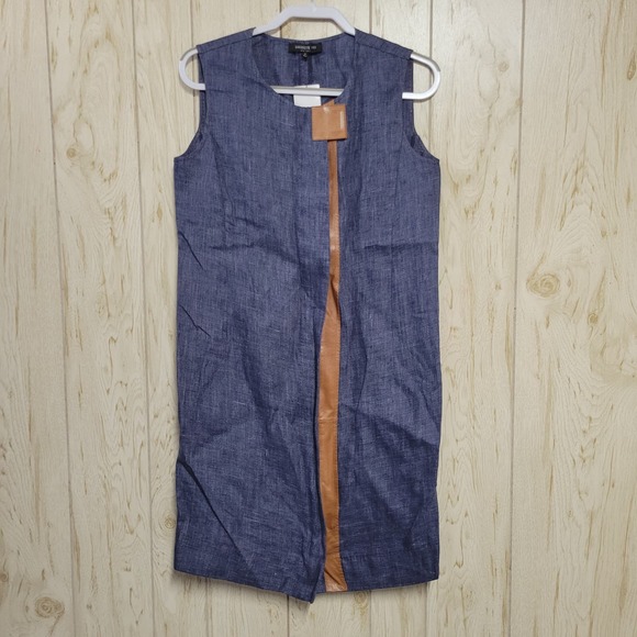 Lafayette 148 Linen Zip Up Front Leather Closure Sleeveless Dress